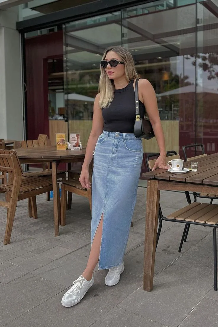 denim skirt outfit ideas