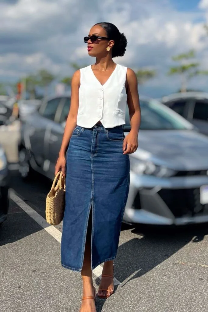denim skirt outfit ideas