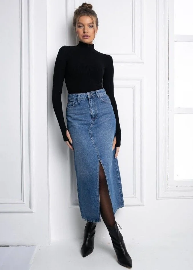 denim skirt outfit ideas