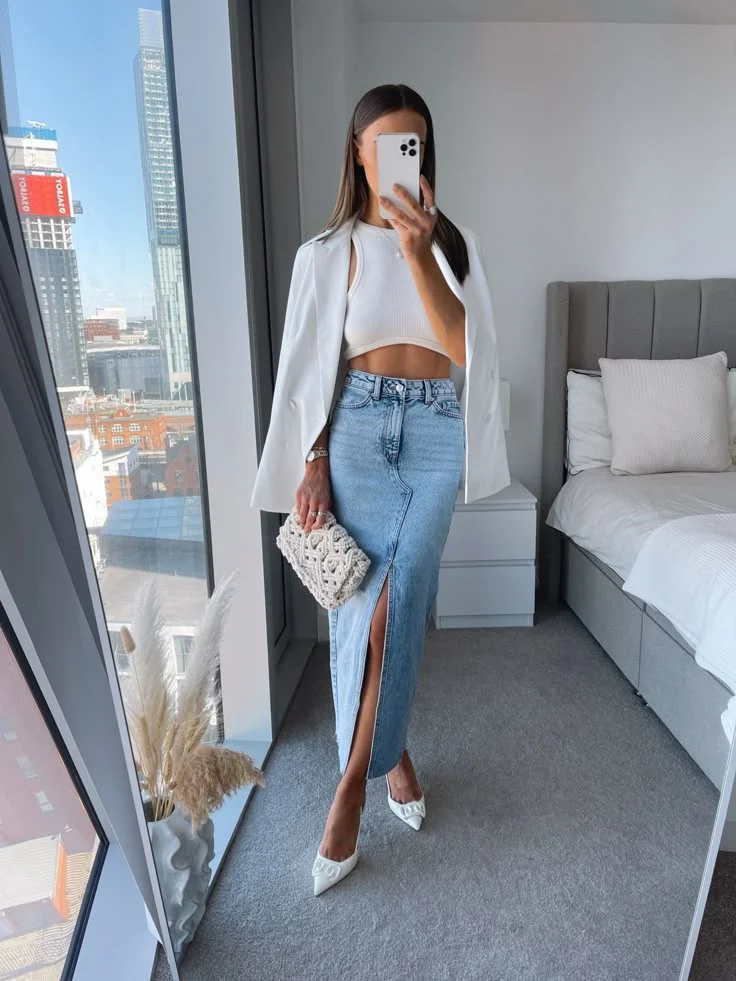 denim skirt outfit ideas
