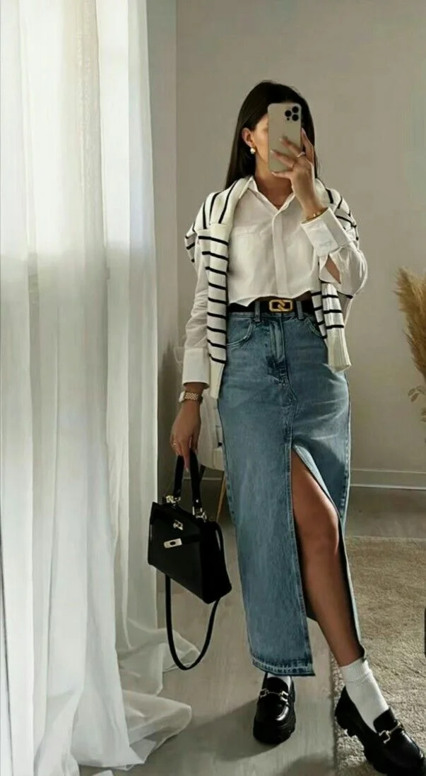 jean skirt outfits