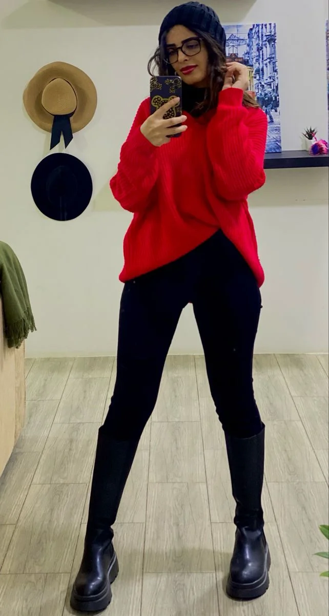red sweater outfit