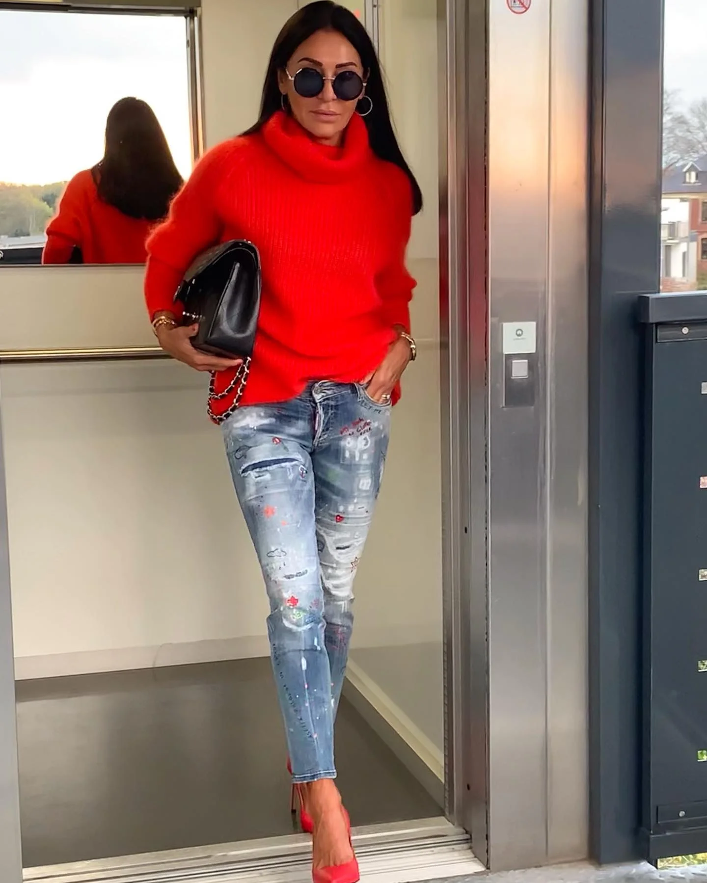 red sweater outfit