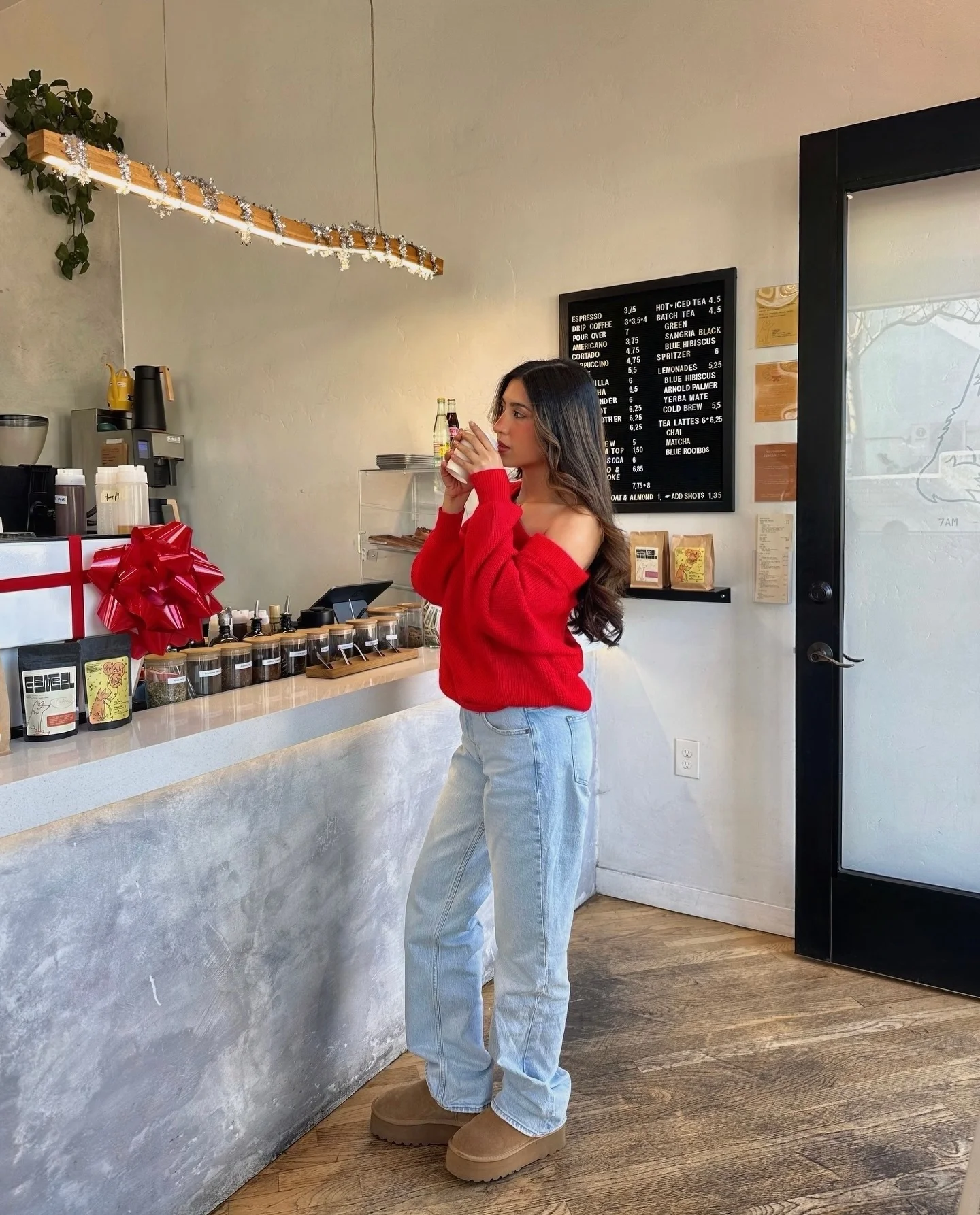 red sweater outfit