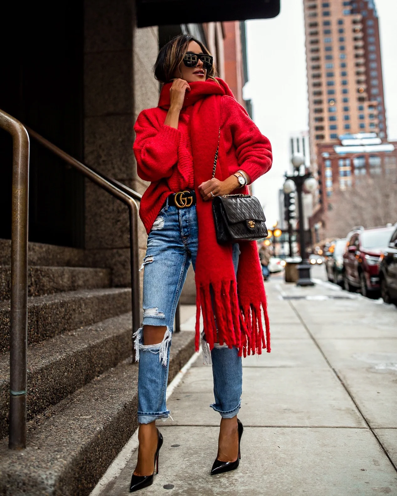 red sweater outfit