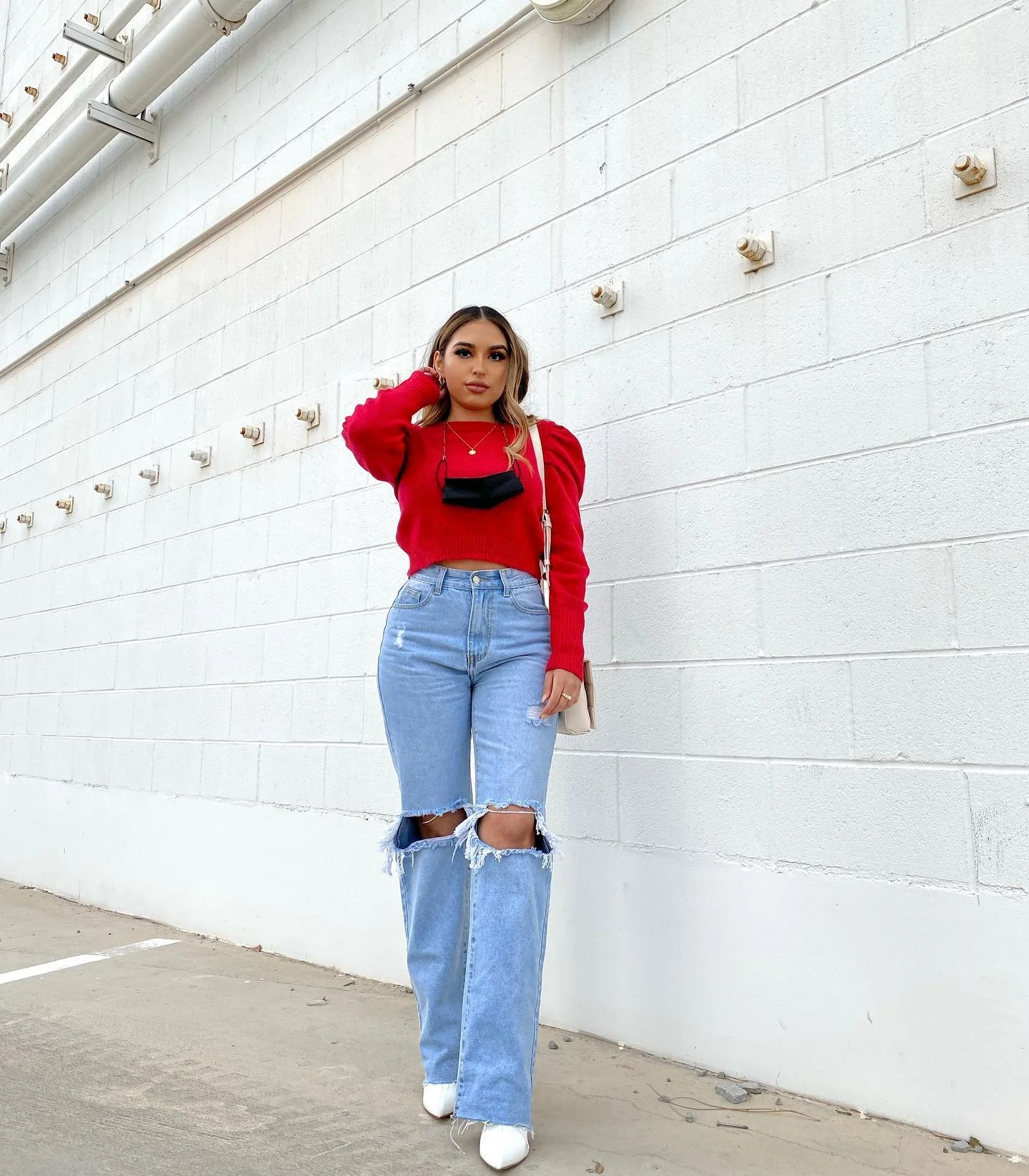 red sweater outfit